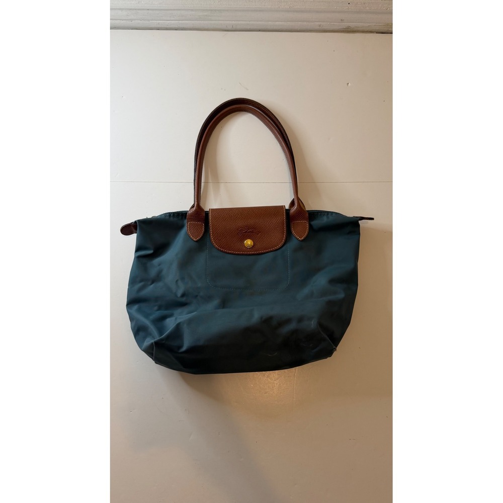 Longchamp Le Pliage Tote Bag Womens Large Teal Nylon Leather distressed